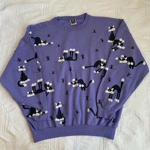 Vtg Purple Sweatshirt All Over Print Black White Cat Mouse One Size USA Made